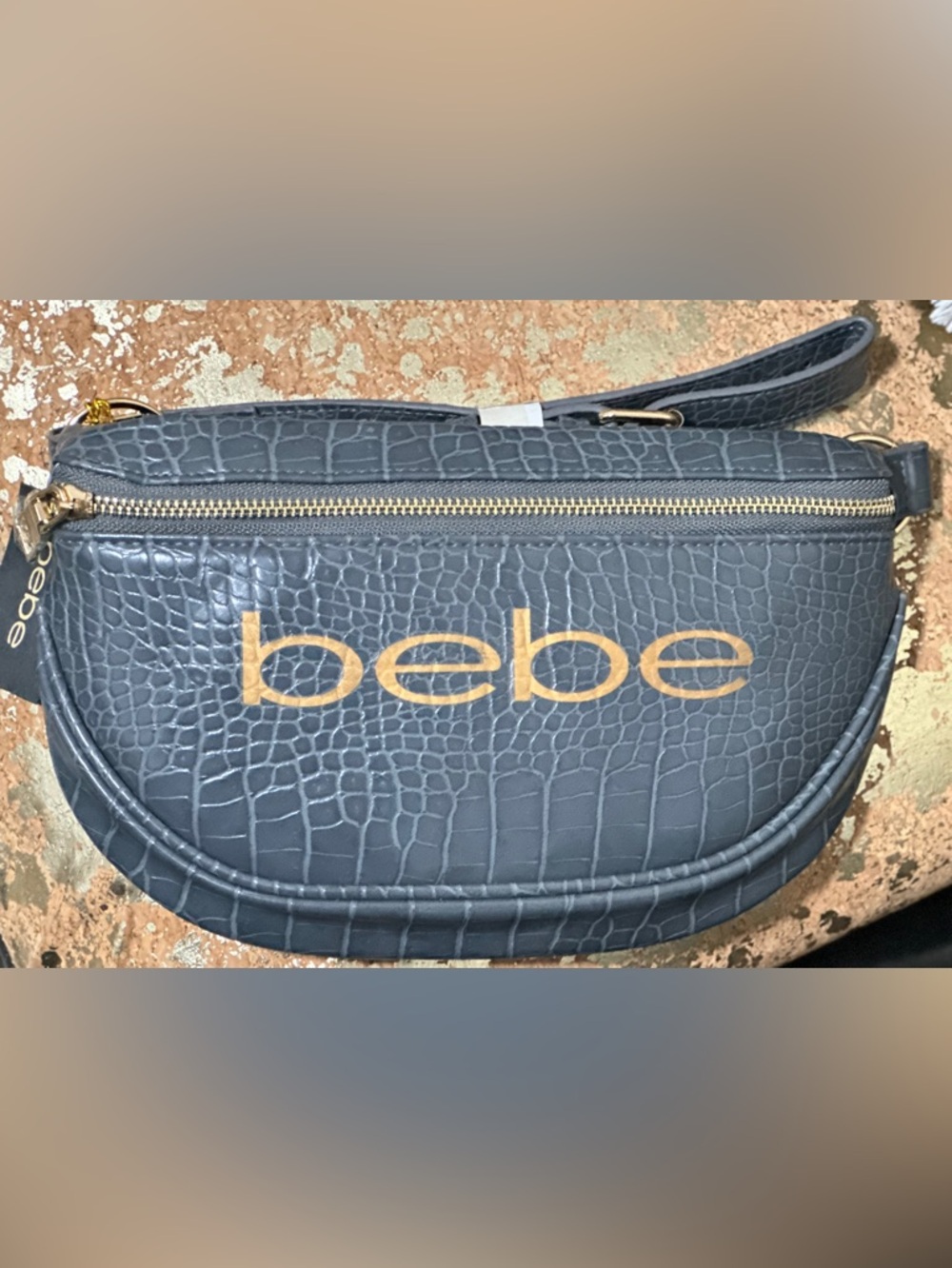 Bebe nwt Grey leather crocodile emb gold hardware belt bag/ Fanny pack. msrp $89